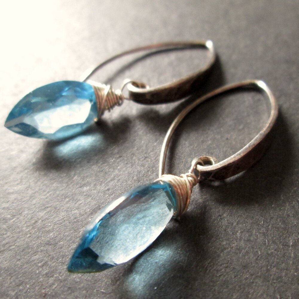 AloKele Kauai Marquis Cut London Blue Quartz Hammered Sterling Silver Earrings